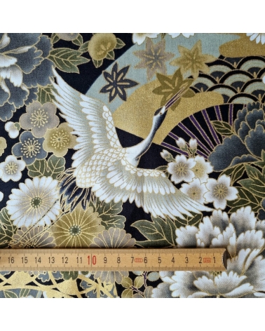Japanese fabric Tsuru to Hana in grey, black and gold.