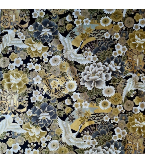 Japanese fabric Tsuru to Hana in grey, black and gold.