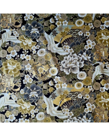 Japanese fabric Tsuru to Hana in grey, black and gold.