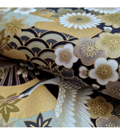Japanese fabric Tsuru to Hana in grey, black and gold.