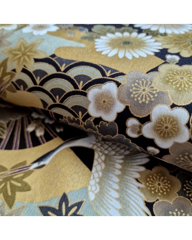 Japanese fabric Tsuru to Hana in grey, black and gold.