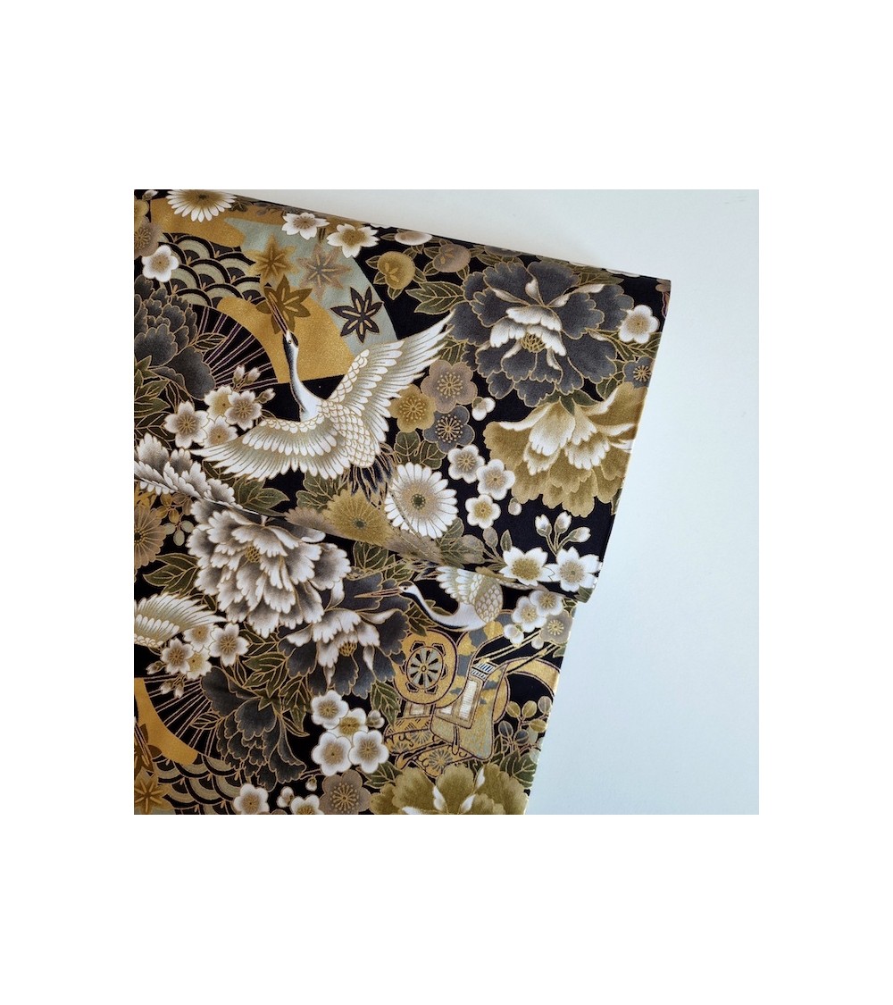 Japanese fabric Tsuru to Hana in grey, black and gold.