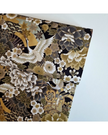 Japanese fabric Tsuru to Hana in grey, black and gold.