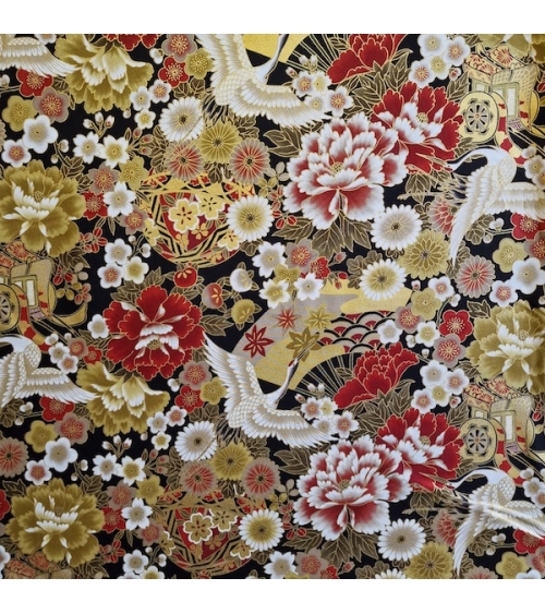 Tela japonesa Tsuru to Hana en rojo, negro y oro.