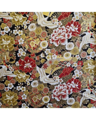 Tela japonesa Tsuru to Hana en rojo, negro y oro.