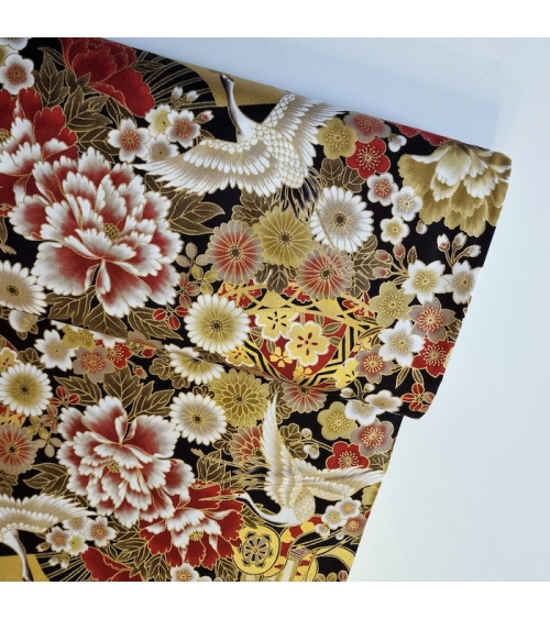 Japanese fabric Tsuru to Hana in red, black and gold.