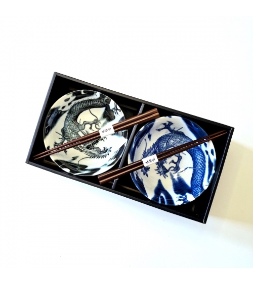Set de donburi para dos "Dragones" con palillos.