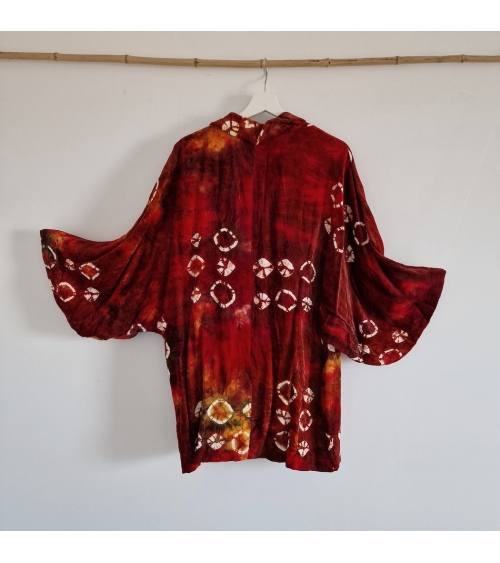 Michiyuki (Abrigo para kimono) vintage "Shibori" en terciopelo rojo
