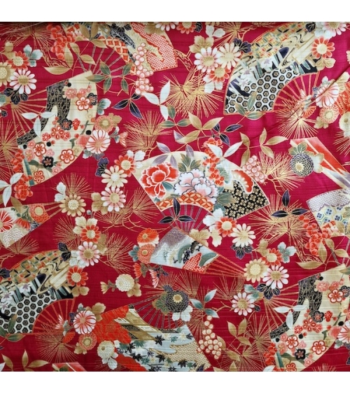 Tela japonesa en Satin de algodón "Sensu to matsu" en rojo
