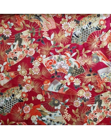 Tela japonesa en Satin de algodón "Sensu to matsu" en rojo