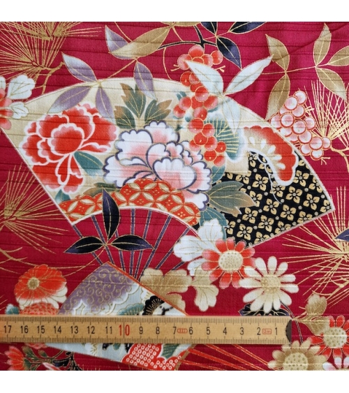 Tela japonesa en Satin de algodón "Sensu to matsu" en rojo