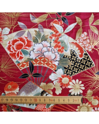 Tela japonesa en Satin de algodón "Sensu to matsu" en rojo