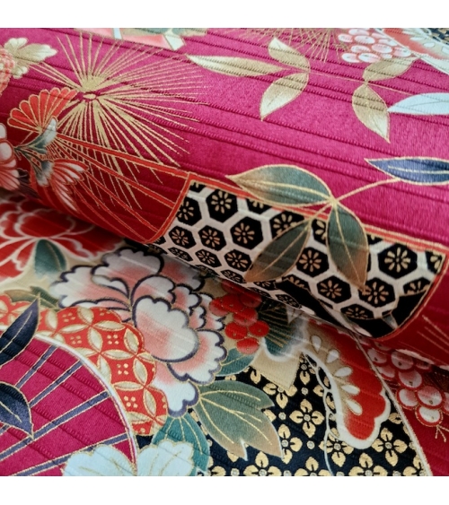 Tela japonesa en Satin de algodón "Sensu to matsu" en rojo