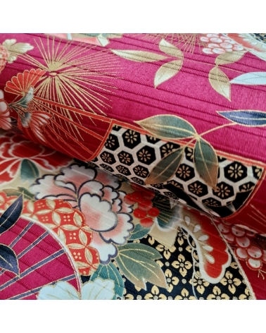 Tela japonesa en Satin de algodón "Sensu to matsu" en rojo
