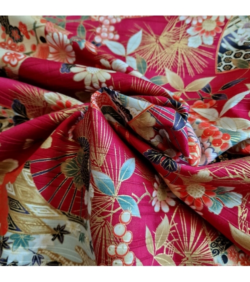 Tela japonesa en Satin de algodón "Sensu to matsu" en rojo