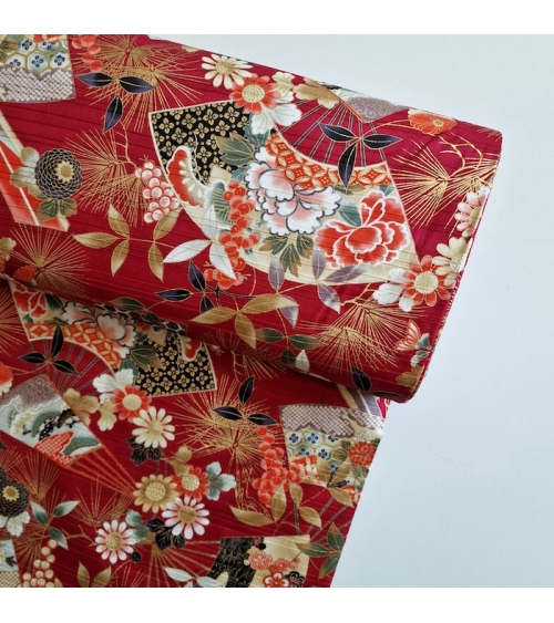 Tela japonesa en Satin de algodón "Sensu to matsu" en rojo