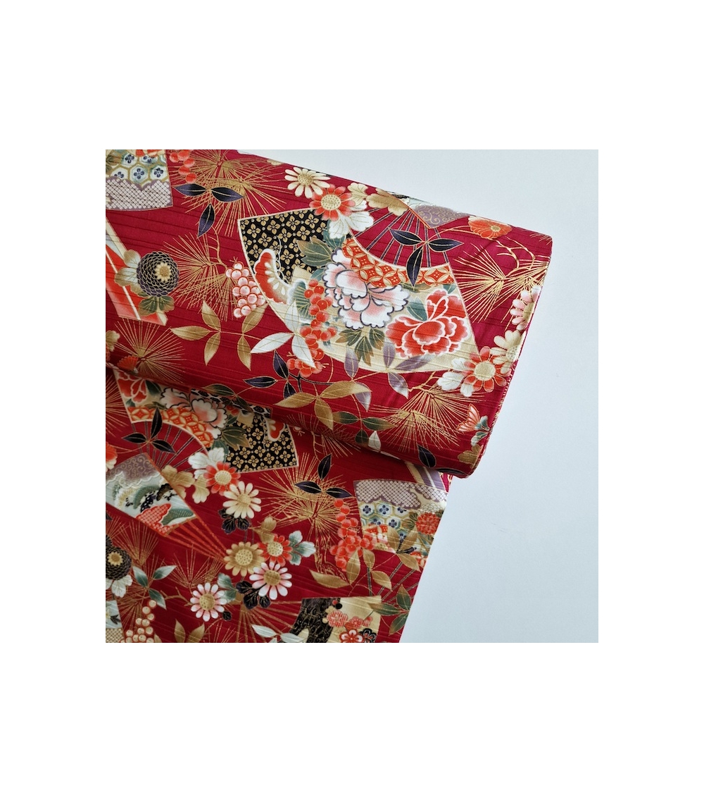Tela japonesa en Satin de algodón "Sensu to matsu" en rojo