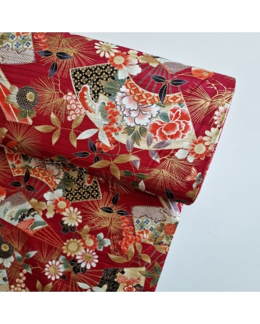 Tela japonesa en Satin de algodón "Sensu to matsu" en rojo