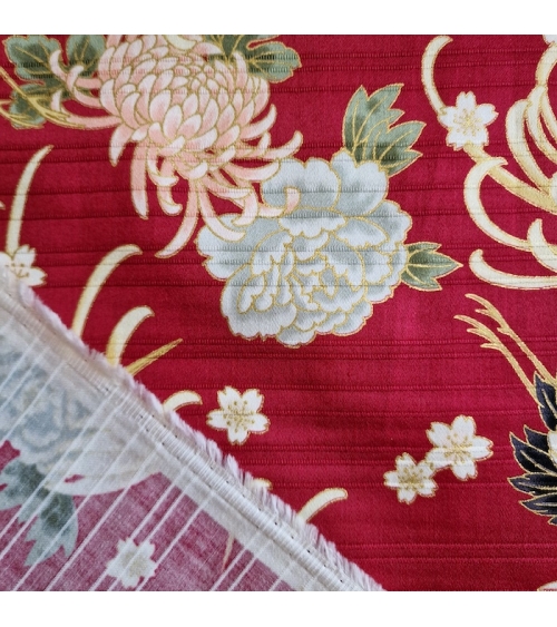 Tela japonesa en Satin de algodón "Tsuru to kiku" (grulla y crisantemo) en rojo