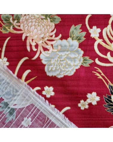 Tela japonesa en Satin de algodón "Tsuru to kiku" (grulla y crisantemo) en rojo