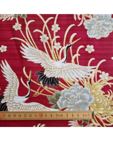 Tela japonesa en Satin de algodón "Tsuru to kiku" (grulla y crisantemo) en rojo