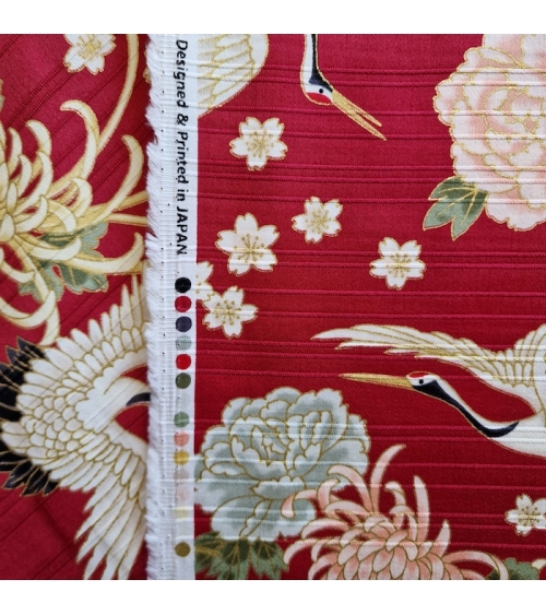 Tela japonesa en Satin de algodón "Tsuru to kiku" (grulla y crisantemo) en rojo