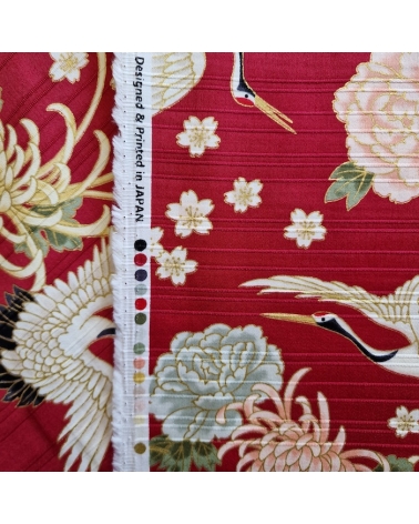 Tela japonesa en Satin de algodón "Tsuru to kiku" (grulla y crisantemo) en rojo