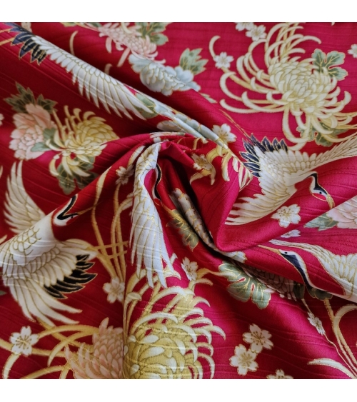 Tela japonesa en Satin de algodón "Tsuru to kiku" (grulla y crisantemo) en rojo