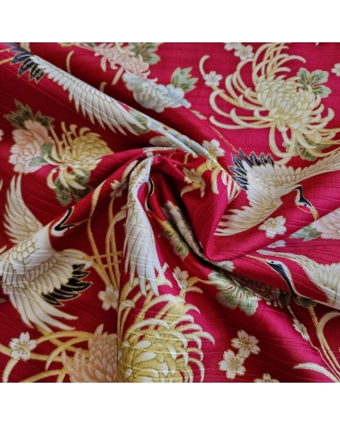 Tela japonesa en Satin de algodón "Tsuru to kiku" (grulla y crisantemo) en rojo