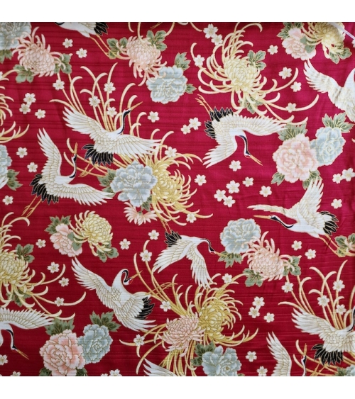 Japanese cotton satin slub fabric "Tsuru to kiku" in red
