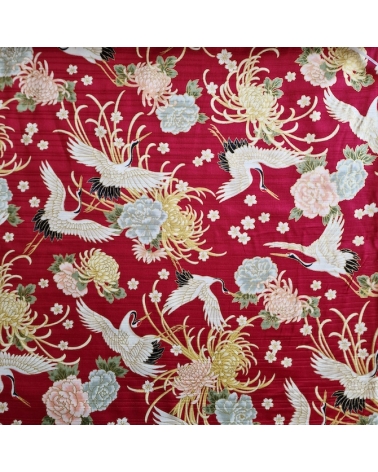 Tela japonesa en Satin de algodón "Tsuru to kiku" (grulla y crisantemo) en rojo