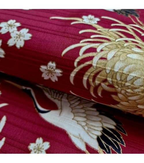 Tela japonesa en Satin de algodón "Tsuru to kiku" (grulla y crisantemo) en rojo