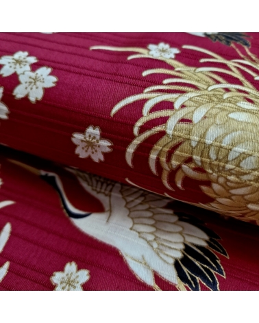 Tela japonesa en Satin de algodón "Tsuru to kiku" (grulla y crisantemo) en rojo