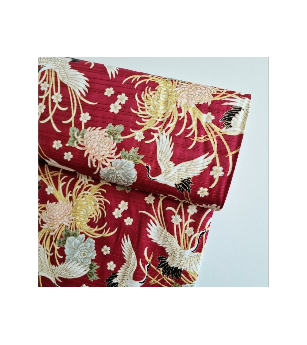 Japanese cotton satin slub fabric "Tsuru to kiku" in red