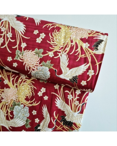 Japanese cotton satin slub fabric "Tsuru to kiku" in red
