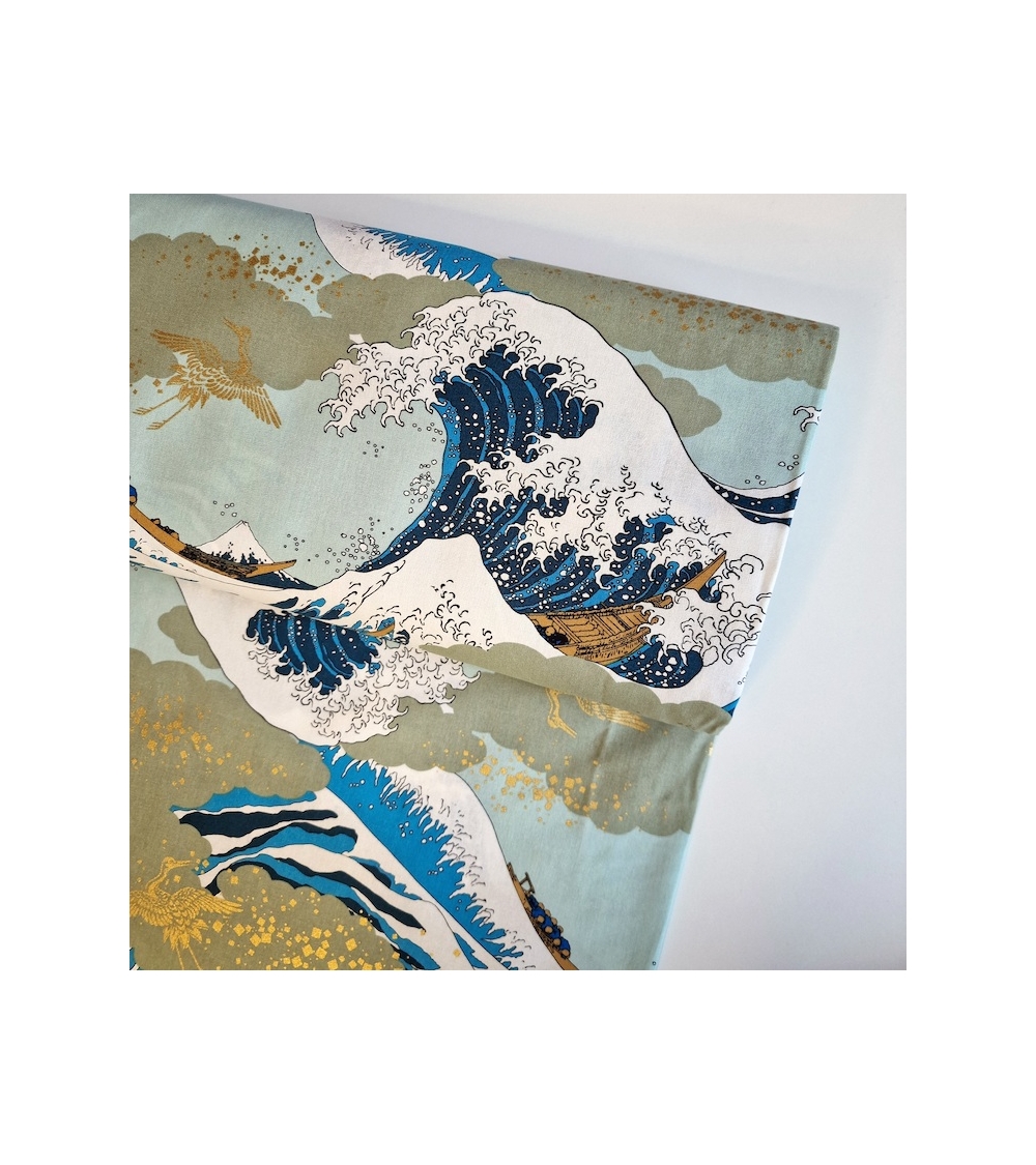Tela japonesa Ukiyoe: Gran Ola de Hokusai y grullas doradas.