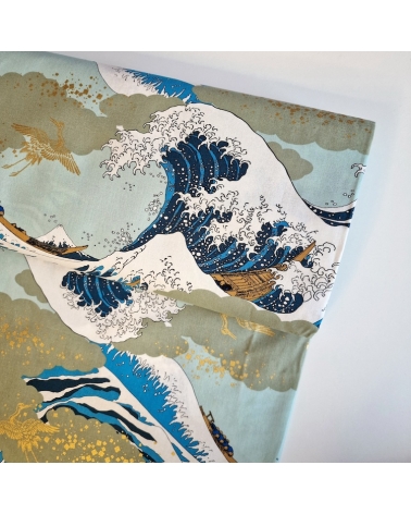 Tela japonesa Ukiyoe: Gran Ola de Hokusai y grullas doradas.