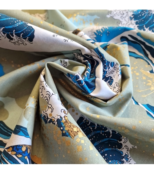 Tela japonesa Ukiyoe: Gran Ola de Hokusai y grullas doradas.
