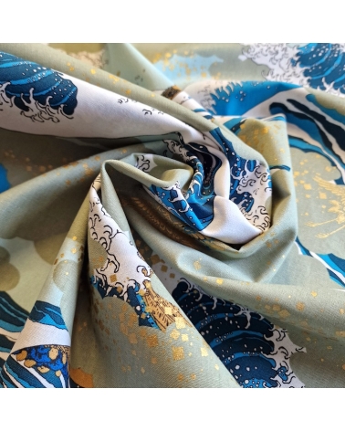 Tela japonesa Ukiyoe: Gran Ola de Hokusai y grullas doradas.