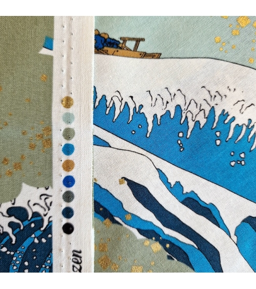 Tela japonesa Ukiyoe: Gran Ola de Hokusai y grullas doradas.