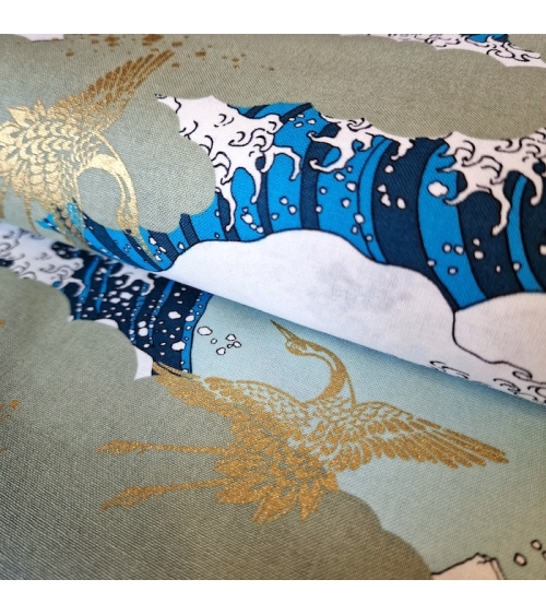 Tela japonesa Ukiyoe: Gran Ola de Hokusai y grullas doradas.