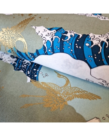 Japanese Ukiyoe fabric: Hokusai's Great Wave and golden cranes.