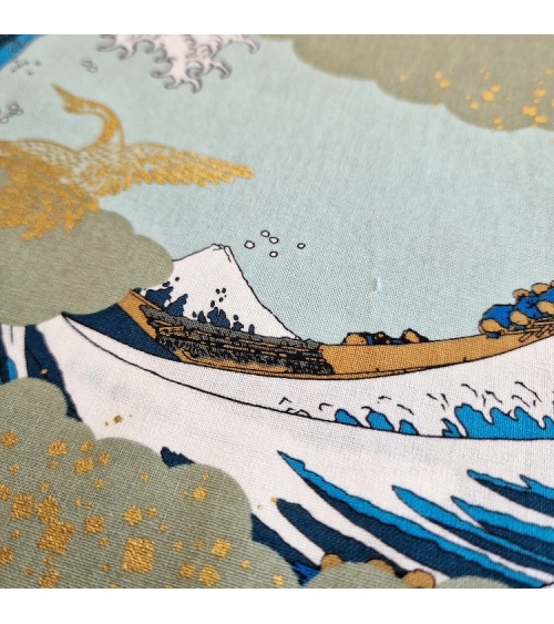 Tela japonesa Ukiyoe: Gran Ola de Hokusai y grullas doradas.