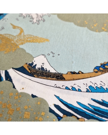 Tela japonesa Ukiyoe: Gran Ola de Hokusai y grullas doradas.