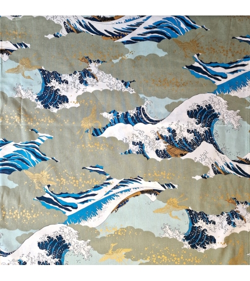 Tela japonesa Ukiyoe: Gran Ola de Hokusai y grullas doradas.