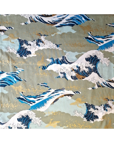 Tela japonesa Ukiyoe: Gran Ola de Hokusai y grullas doradas.