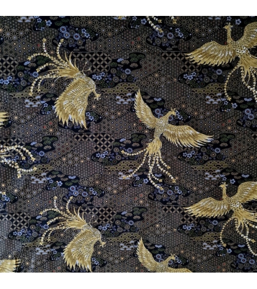 Tela japonesa Fénix dorado y motivos wagara en negro