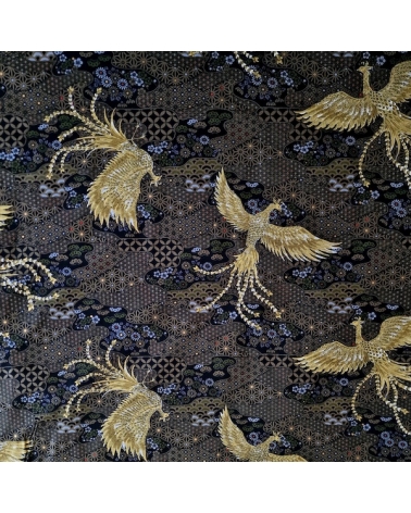 Tela japonesa Fénix dorado y motivos wagara en negro