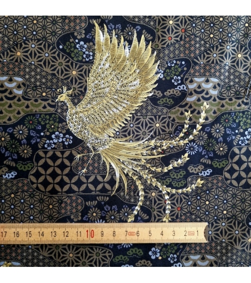 Tela japonesa Fénix dorado y motivos wagara en negro
