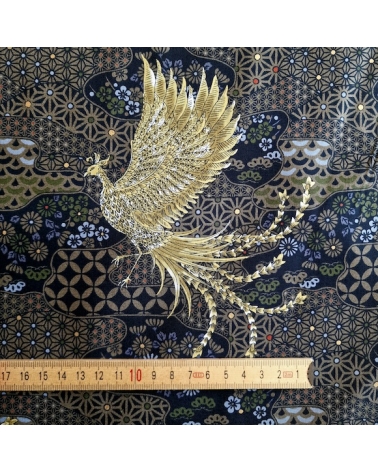 Tela japonesa Fénix dorado y motivos wagara en negro